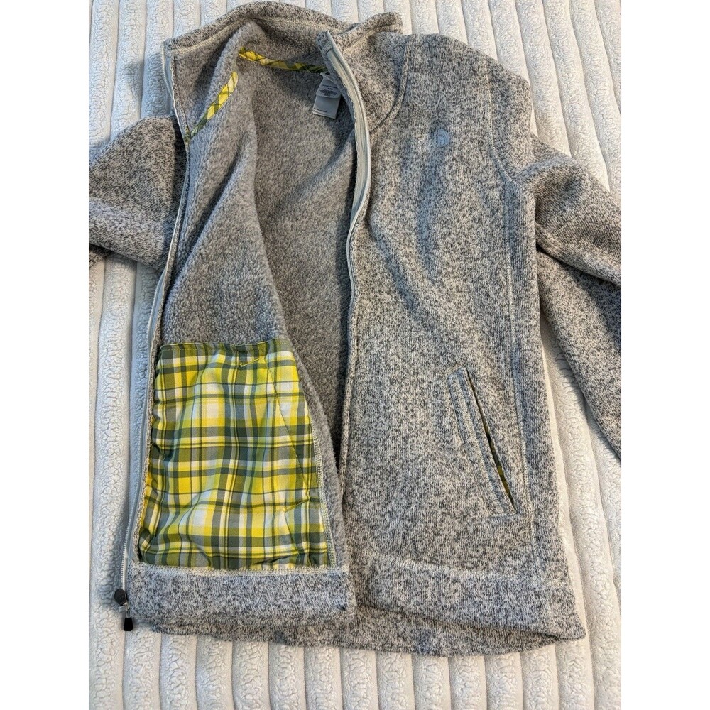 North Face Anthropologie Zip Up Knit Sweater Women Large Grey Green Yellow Plaid